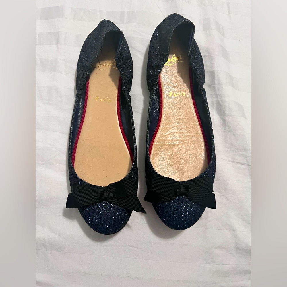 Christian Louboutin Sparkle Navy flats with bow.
